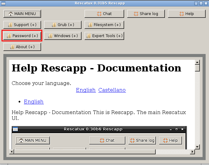 Password options. Кнопка main menu. Rescatux. Программы для работы с Grub. Menu principal.