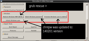 Rescatux 0.32b2 updated options : Restore Windows MBR, Blank Windows password, Promote Windows user to Admin and Unlock Windows user.
